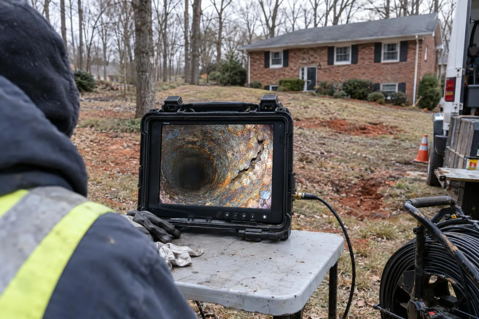 A technician in a reflective vest watching a rugged monitor that shows the inside of a corroded pipe with a crack